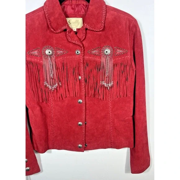 Scully Red Suede Leather Jacket Fringe Concho Beaded Medium Womens Western Wear - Picture 8 of 16